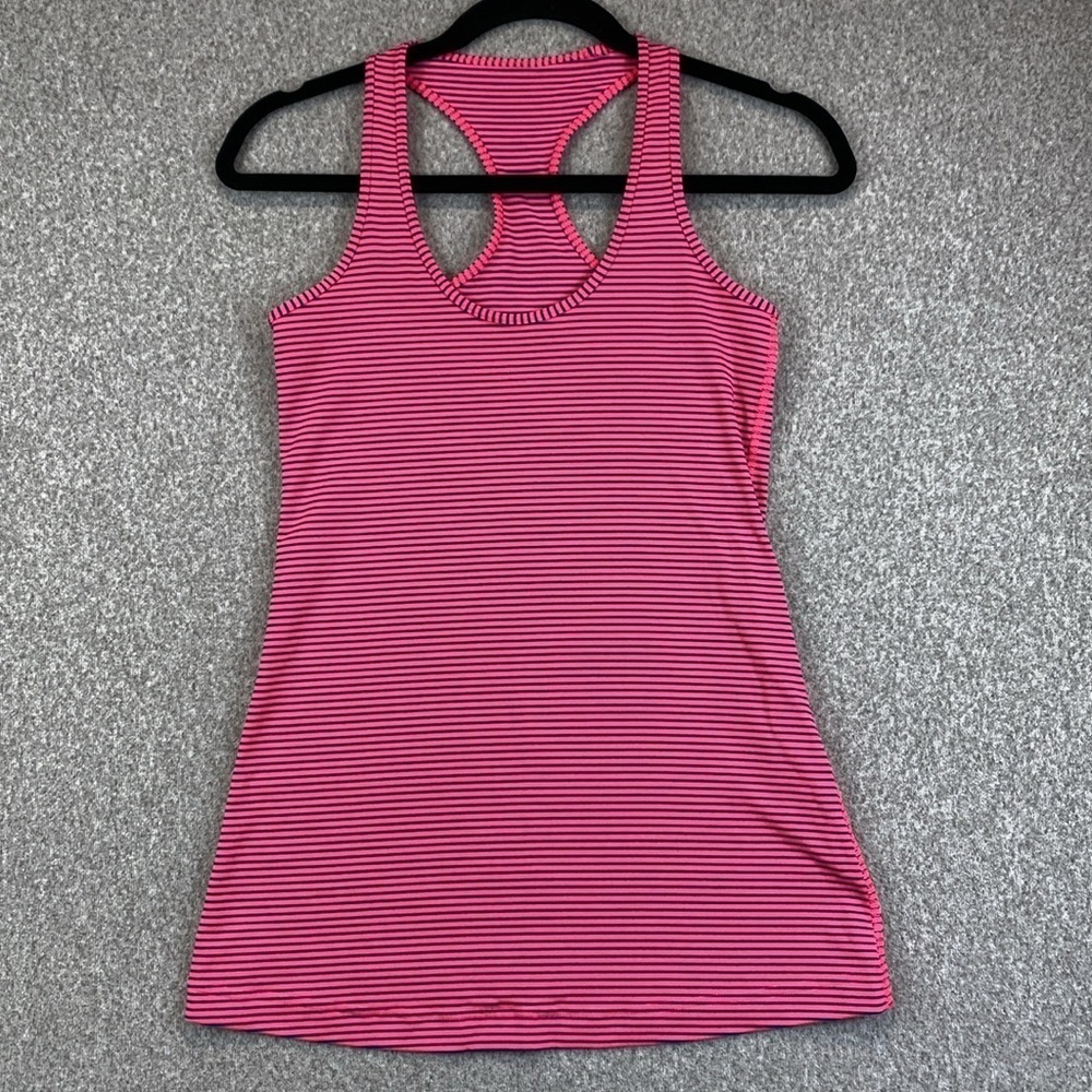 Lululemon Cool Racerback tank hot pink with blue stripes S straight hem